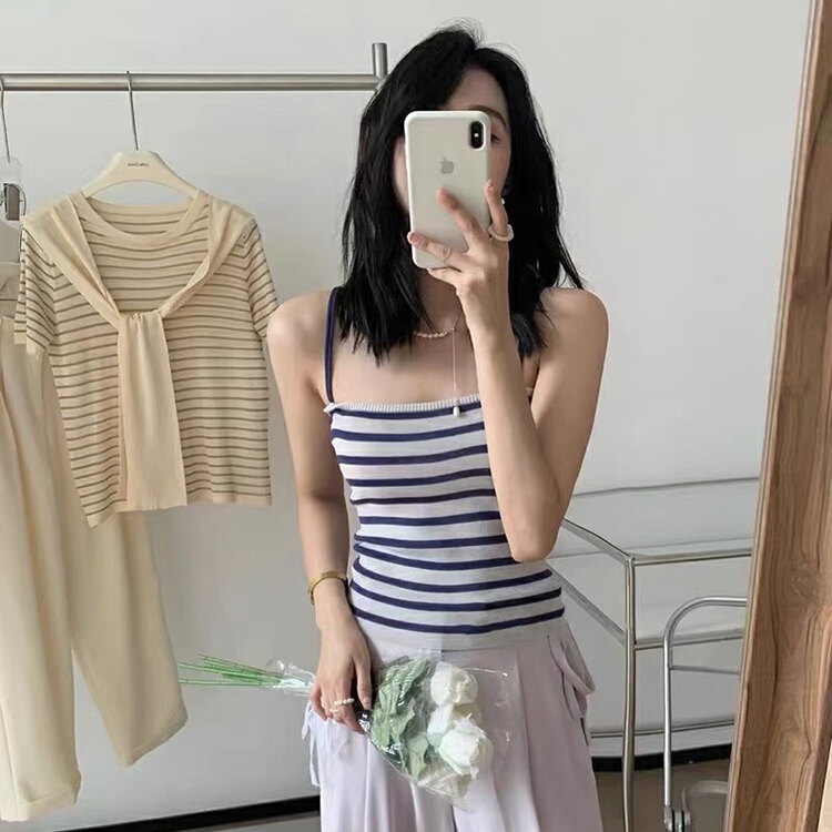 [Qiqi clothes house] Korean striped sleeveless aging T-shirt 2236\xyy