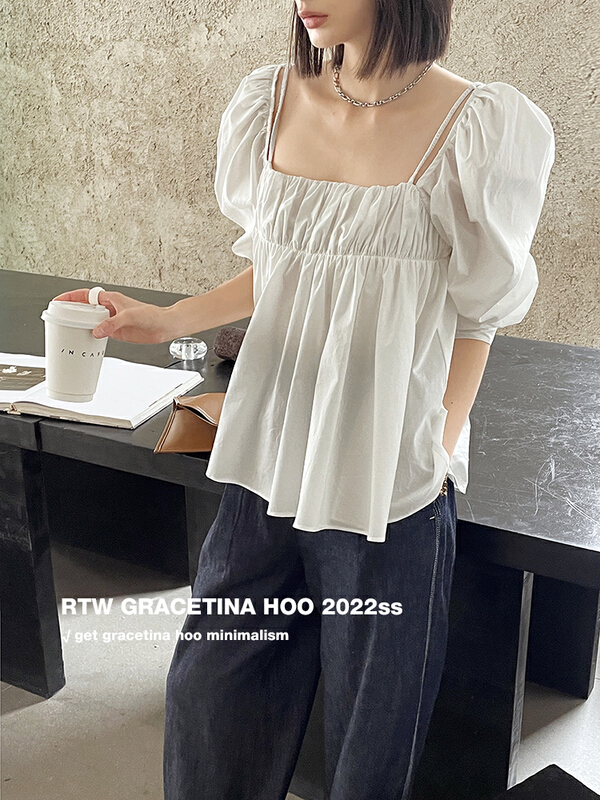 [gracetina Hoo] bubble sleeve sling square collar two shirt cs6232\cqw