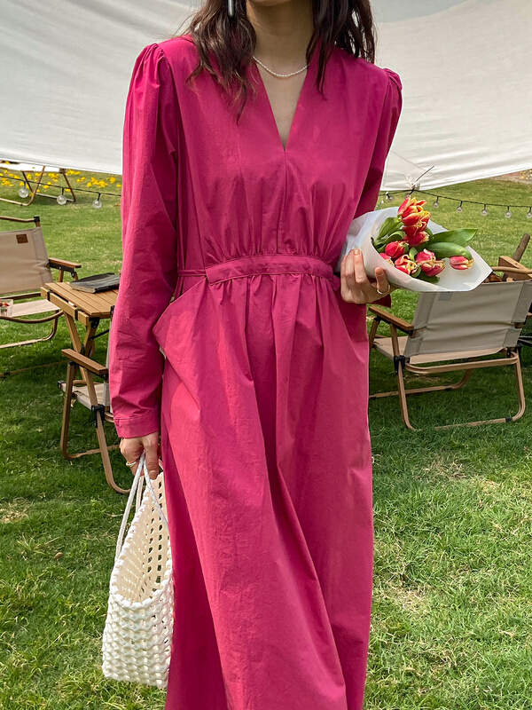 In early summer! [C for her] V-neck simple solid medium length dress 5127\xj