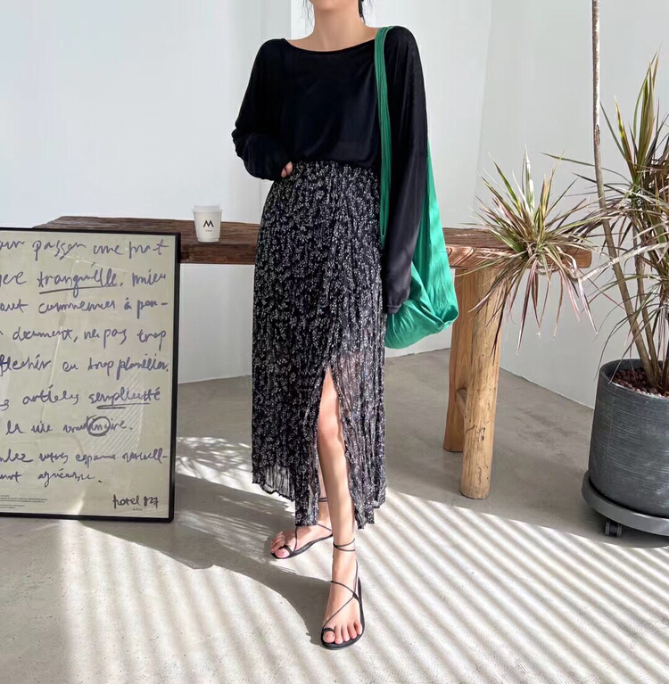 [be your self] Korean versatile floral pleated slit skirt q66216\lsl