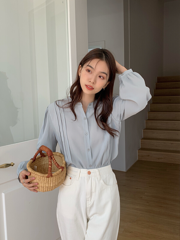 New year in early spring! 【 miss miss home 】 Korean version crimped solid color versatile shirt 6l012\zsy