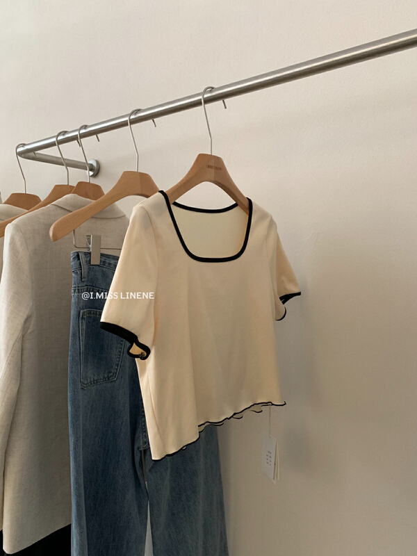 [Imiss] Korean casual casual casual casual square collar contrast short sleeve T-shirt cx10099\lsw