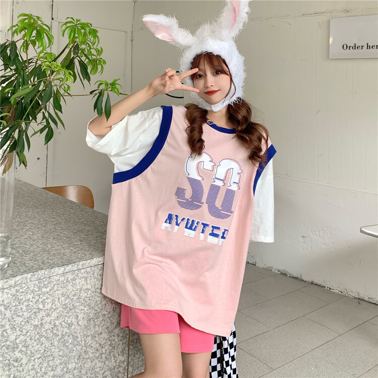 [ycnana] color matching fake two piece fashion short sleeve T-shirt 98097\lsw