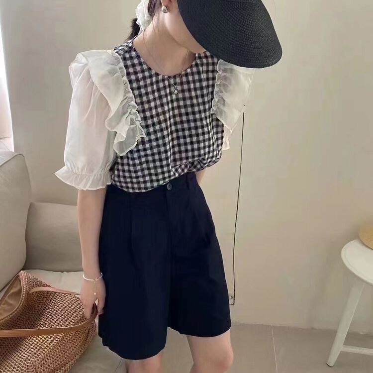 [I-D] round neck Plaid versatile shirt ys8221\ll