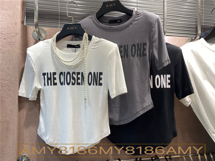 [Amy] letter shoulder pad versatile short sleeve T-shirt 8186\wtt