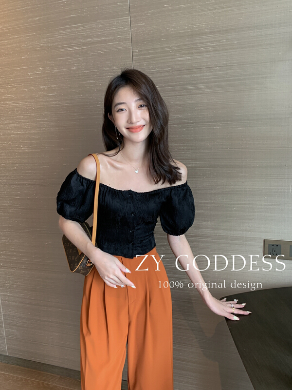 【 ZY 】 French jacquard bow off shoulder shirt bubble sleeve 68552