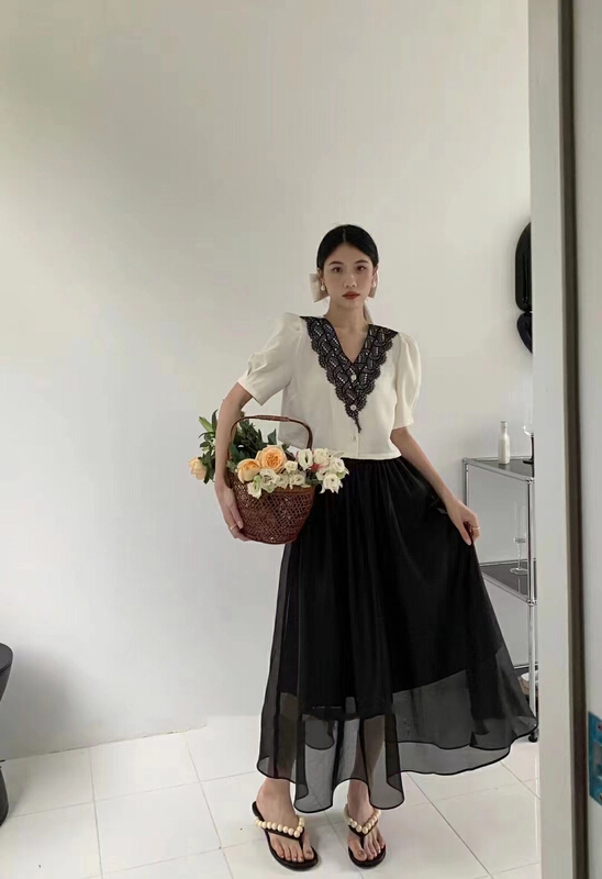 [MI] temperament small fragrance color matching shirt 9722\pcz