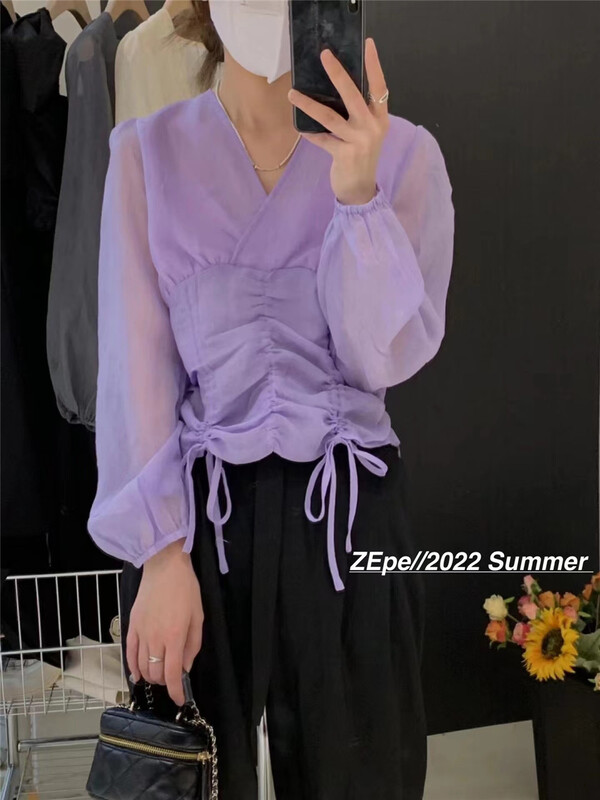 [Ze] V-neck drawcord comfortable shirt 8701\ll
