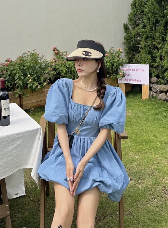 [JH] net red washing Lantern Sleeve denim open waist fluffy dress 41888\pcz