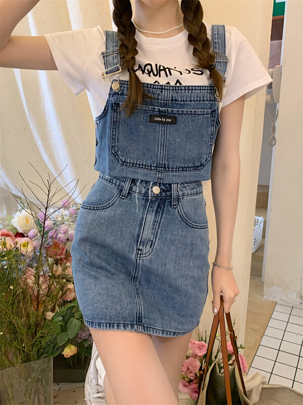 [ten] Korean ins sweet cool Denim Vest + slim denim skirt two piece suit y113\wpl