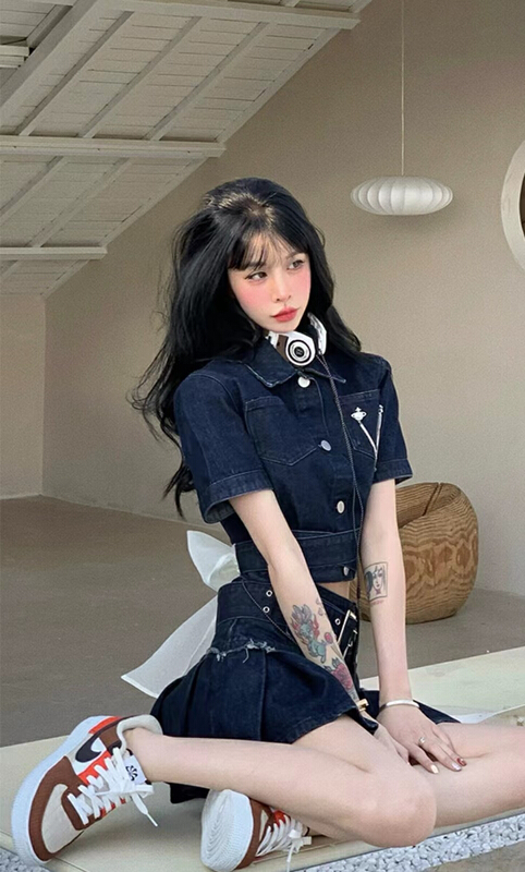 [M.H] Korean versatile denim jacket + slim denim skirt two piece suit (with belt) 8425\pcz