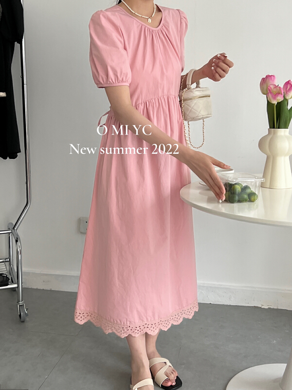 [O MI] Korean U-neck stitched lace dress 7633