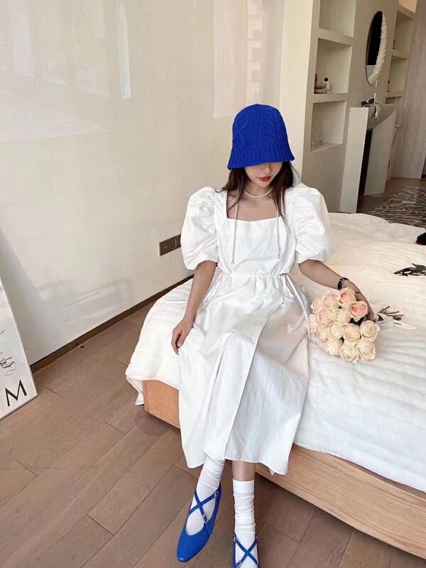 [mi ni] fresh and simple bubble sleeve leaky waist long dress 1200\pcz