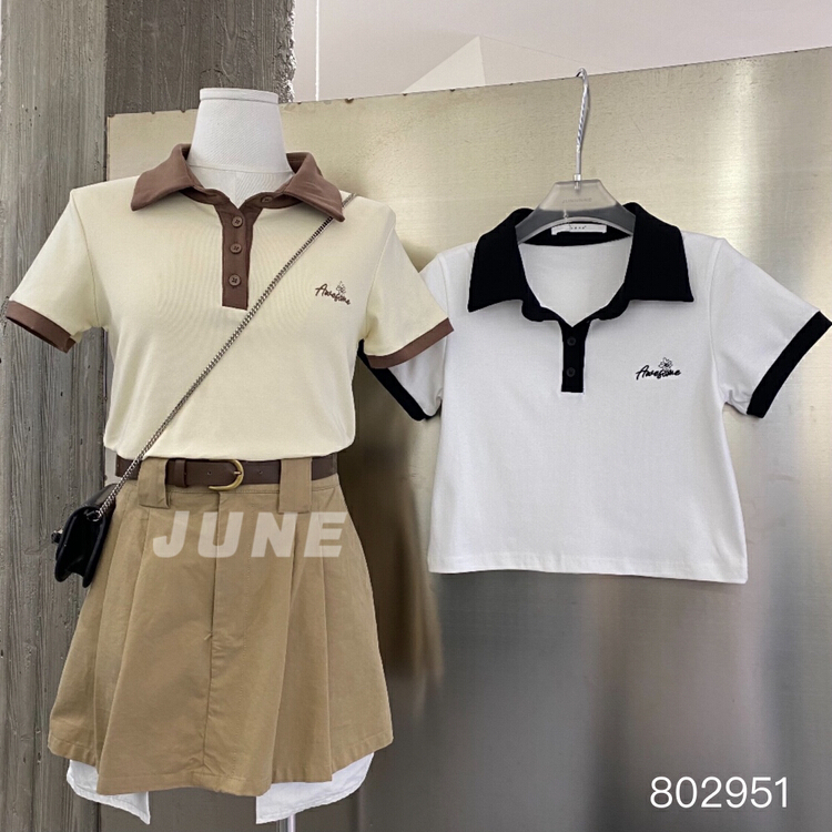 [June] letter embroidered color contrast short sleeve T-shirt 802951\xyy