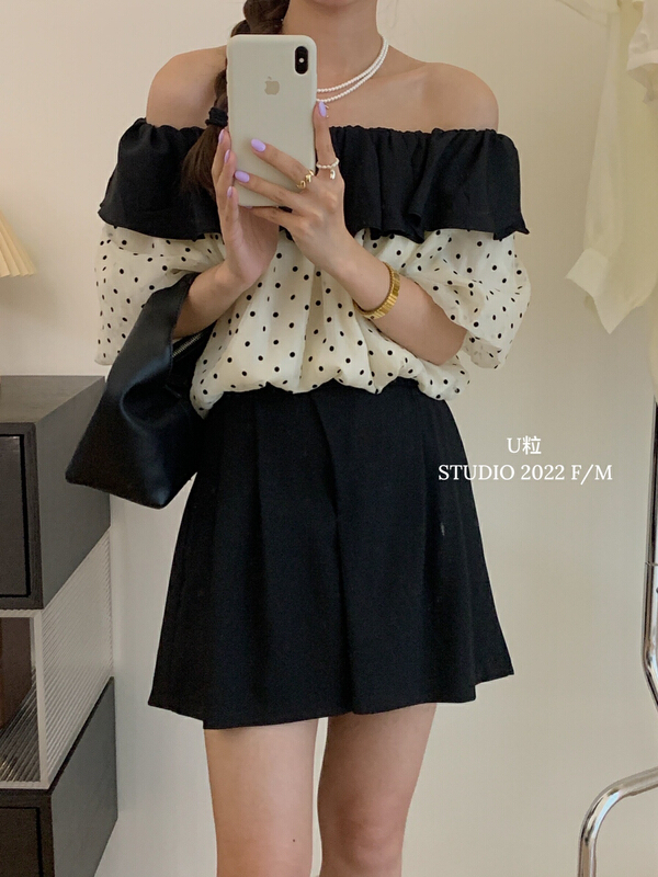 [U grain] off shoulder wave dot fashion shirt 5836\hbx