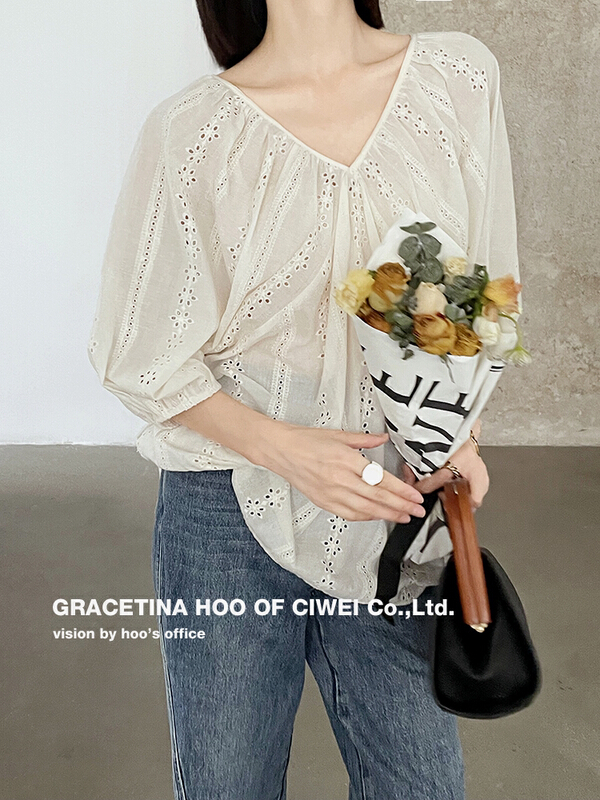 [gracetina Hoo] Custom Embroidered jacquard double V-neck shirt (bud sleeve loose and lazy) cs3201\zxl