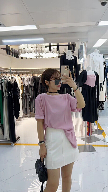 [semi plain] solid round neck loose short sleeve T-shirt z099\zjy