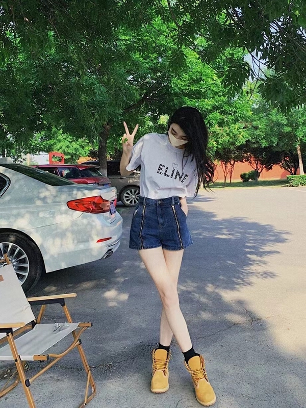 [Rebecca] personalized zipper color blocked denim shorts 2327\cl