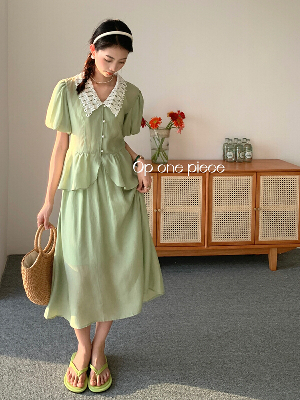 [OP one piece] Korean sweet Polo button top + skirt two piece set 60202\hjy