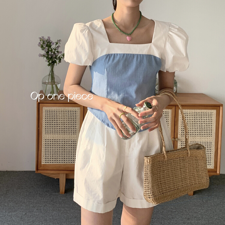 [OP one piece] Korean splicing Square Neck Shirt 60208\hjy