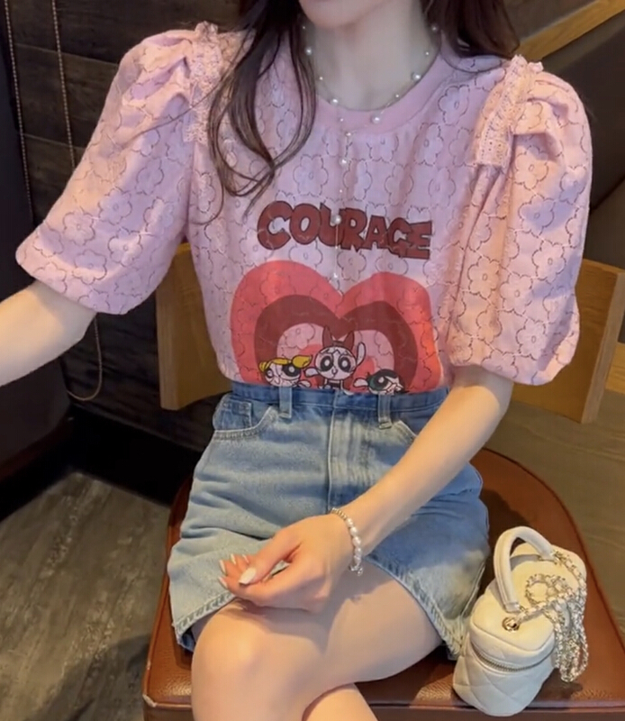 [JH] cartoon Lantern Sleeve short sleeve + skinny denim skirt suit 41842\pcz