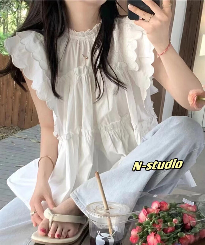 【N】 Fresh and simple petal sleeve loose shirt 0997\wtt