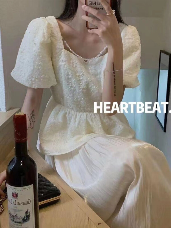 [hearteat] gentle wind bubble sleeve waist shirt (with chain) 557\zjy