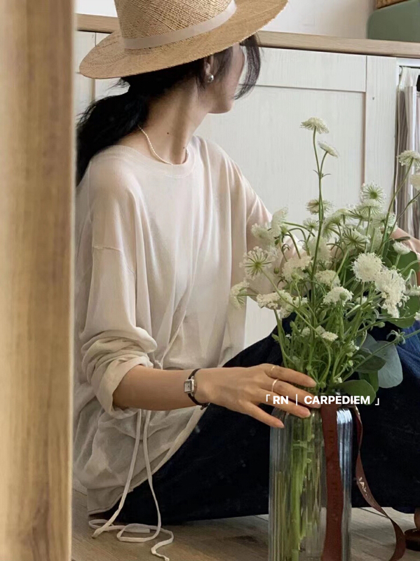 [R n] Korean loose and versatile round neck side strap sunscreen shirt 81105\ll