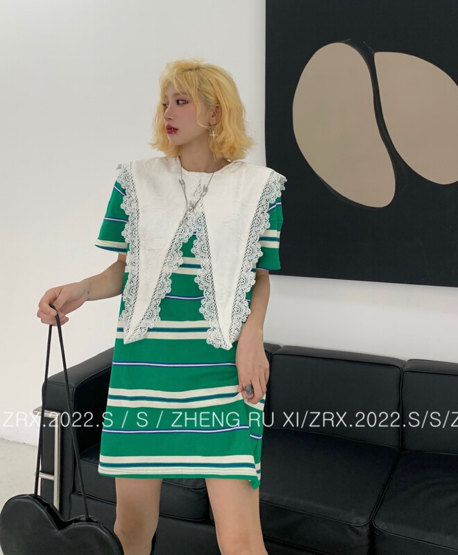 [zhengruxi] simple casual stripe loose dress (with detachable collar) 11734\wtt
