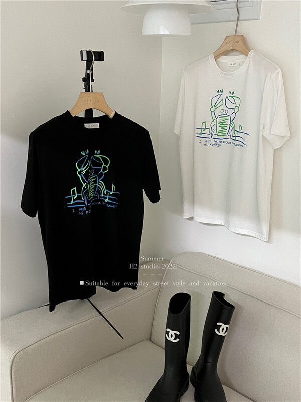 [h2-studio] Korean casual color block printed short sleeve T-shirt a1016\hbx