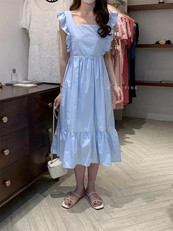 [OK fine] small fresh Ruffle lace up mid length dress 8019\zjy