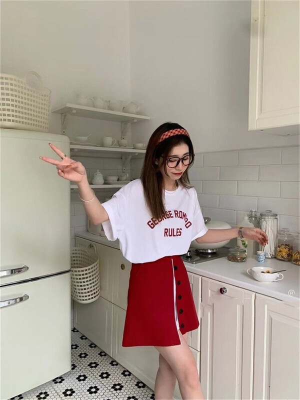 [OA] leisure simple loose letter short sleeve + Korean slim breasted skirt set 1290\xyy