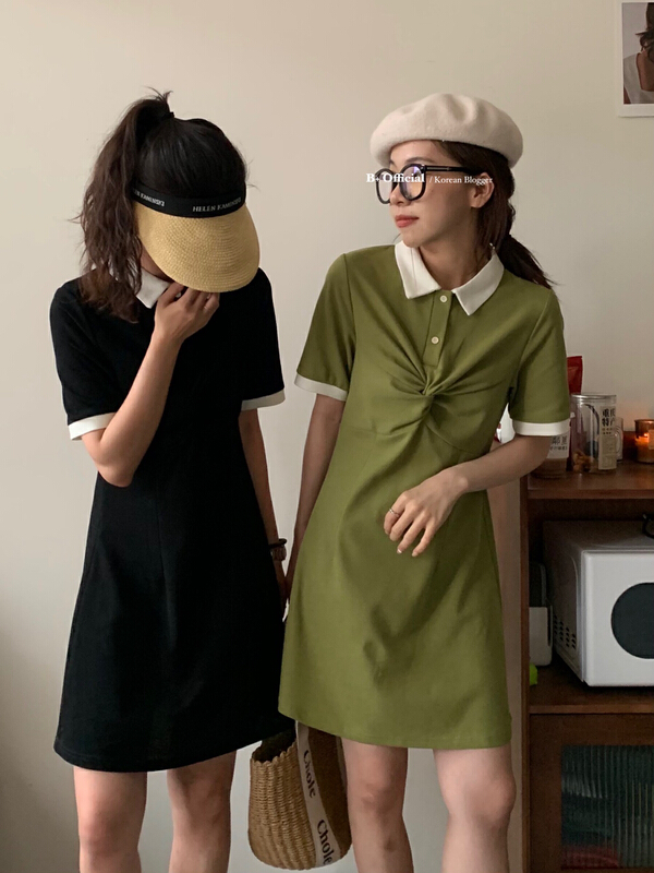 [B plus] Korean color blocking kink waist dress 22-396-2\hbx