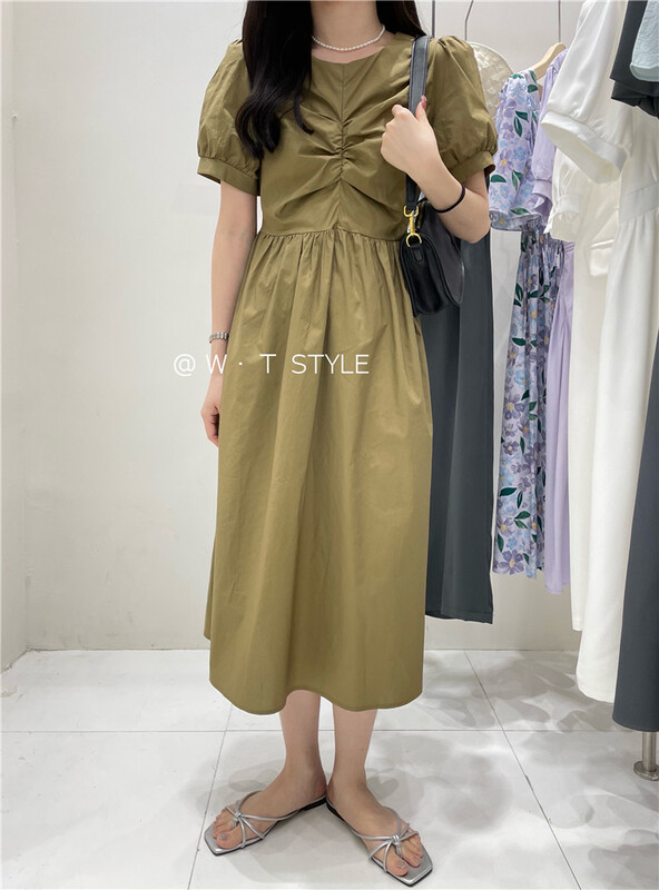 [wt] round neck wrinkled bubble sleeve small fresh dress b350\hbx