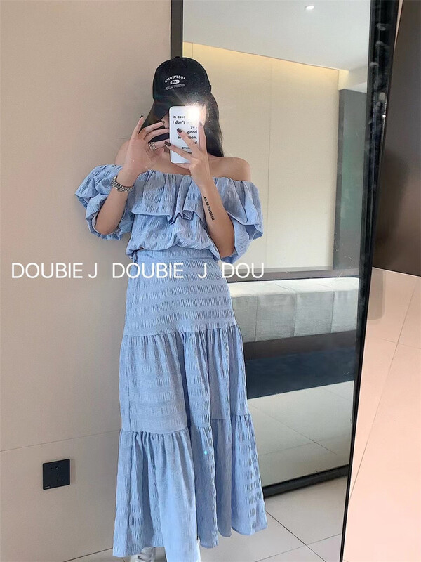 [double.j] French off shoulder lotus leaf edge blouse +a-line skirt set 1865\pcz