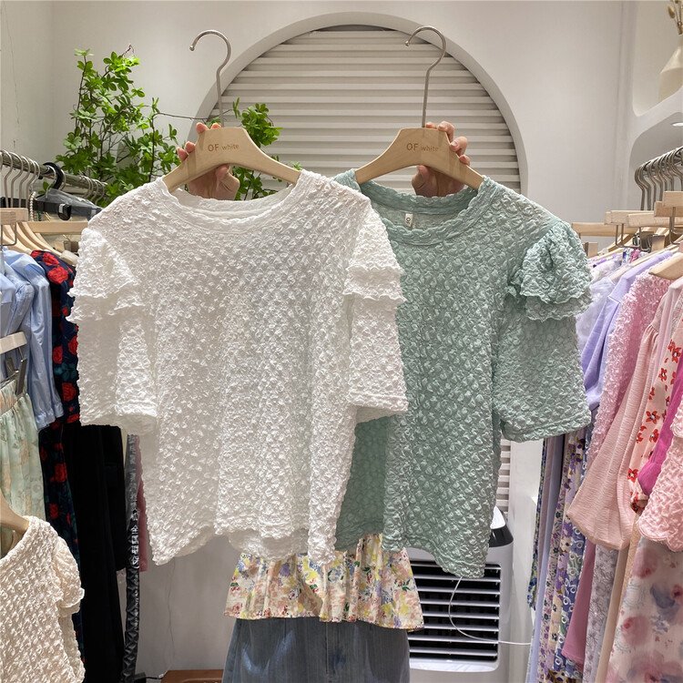 [of white] Korean sweet round neck bubble sleeve short sleeve T-shirt 881510\hjy