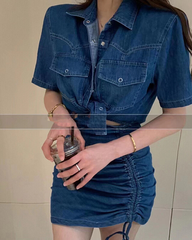 [mi ni] denim jacket + pleated skirt suit of the same color tooling 1153\pcz