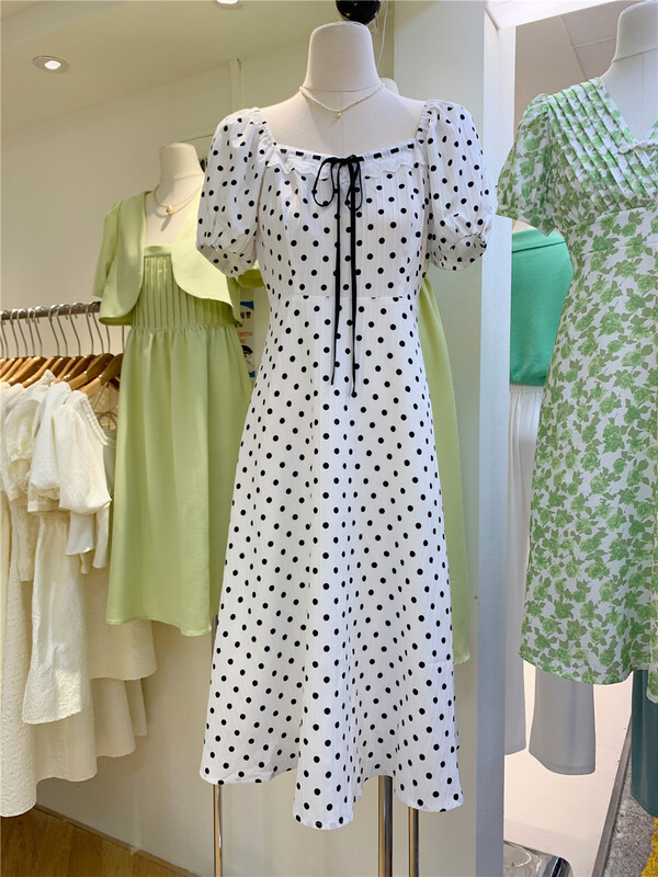[Lulu grace] French square neck polka dot dress 6386\zjy
