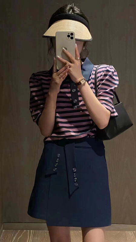 [GL] Polo neck shirt + high waist versatile skirt suit 6252\xyy