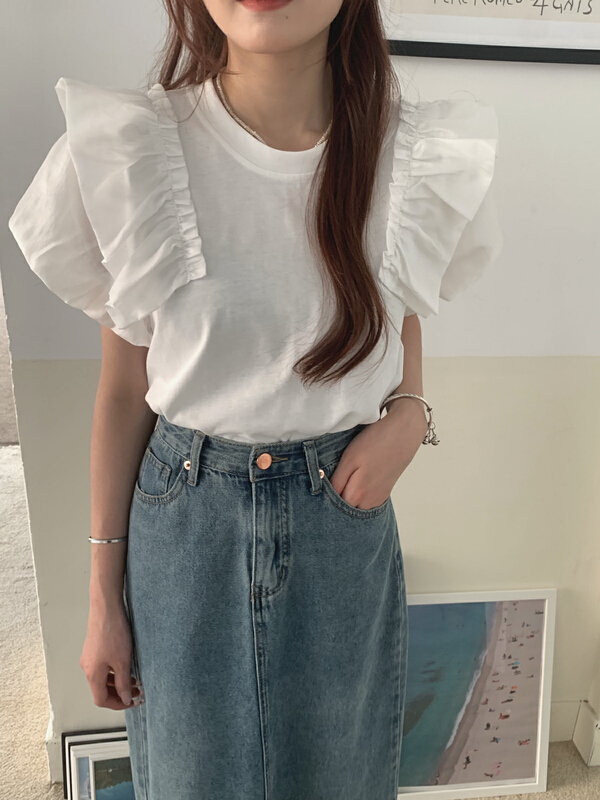 [as] Korean Ruffle edge bubble sleeve splicing short sleeve T-shirt 2229\hjy