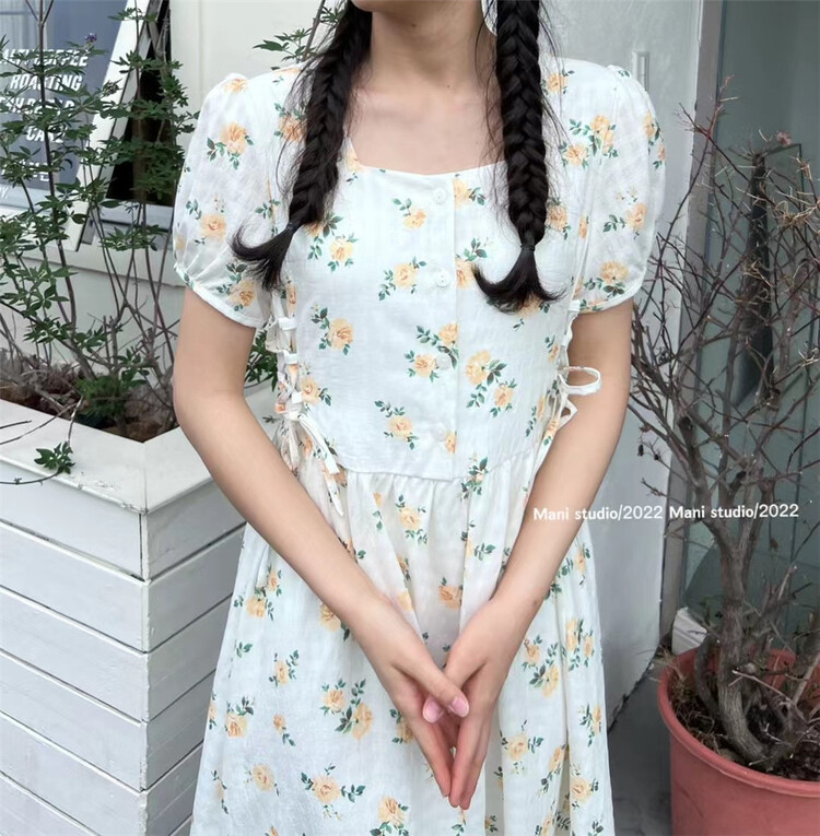[Mina] drawstring waist cut floral square collar dress 6989\hbx