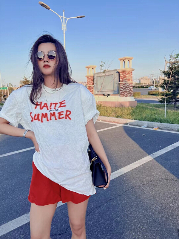 [42] shoulder pad pleated graffiti lettered short sleeve T-shirt b725\wtt