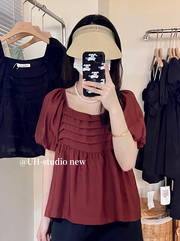 [uh] French square neck retro design shirt 7839\hjy
