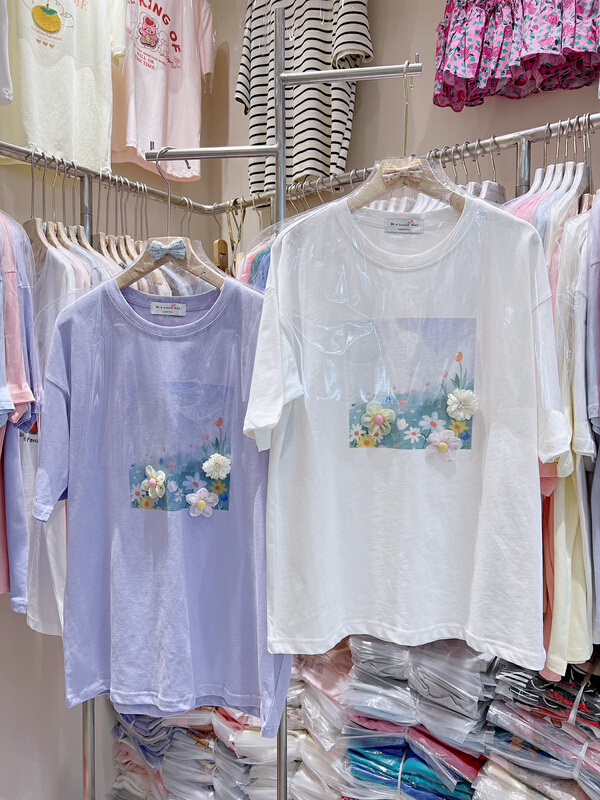 [lucky] Japanese floret 3D decoration round neck short sleeve T-shirt 8761\hbx