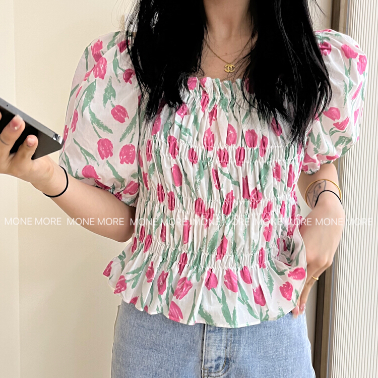 [mone more foam home] Korean foam sleeve flower pleated shirt 8122\hbx
