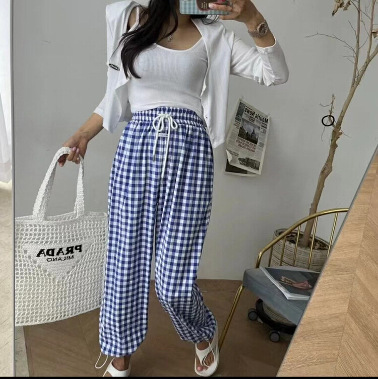 [Yulia] Plaid elastic waist casual pants 2243\lsw