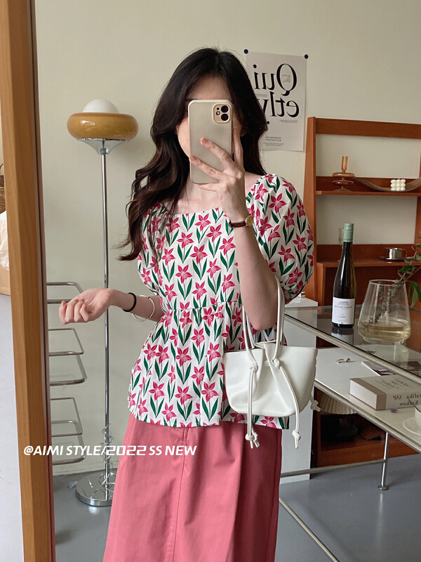 [aimistyle] Korean broken flower small fresh bubble sleeve shirt 10987\hbx
