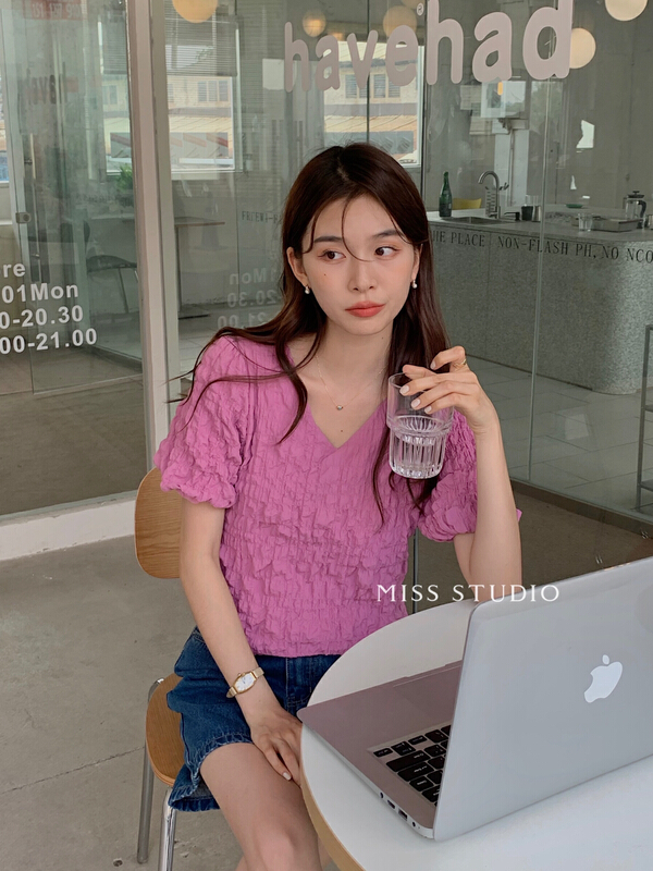 [miss miss home] Korean V-neck jacquard shirt f2249