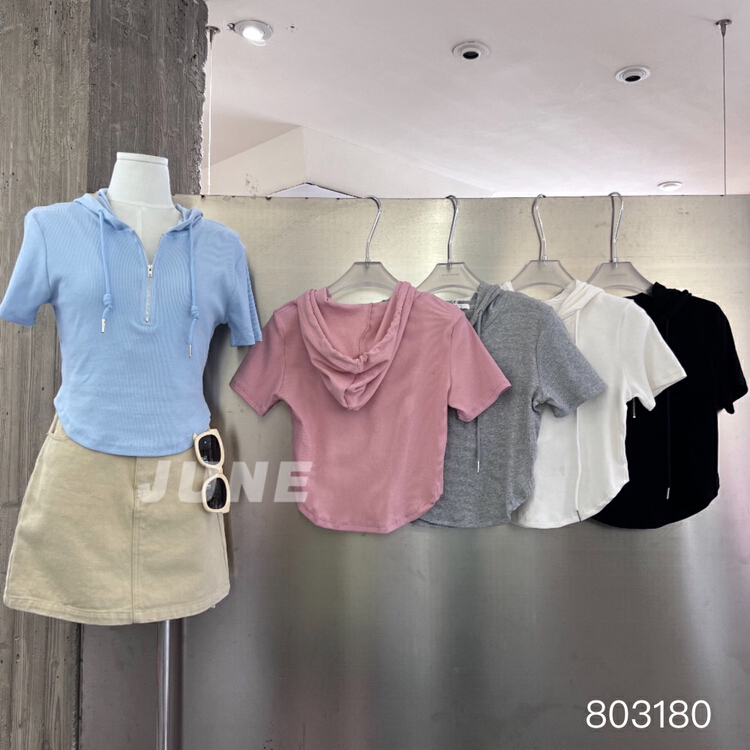 [June] hooded versatile Half Zip short sleeve T-shirt 803180\xyy