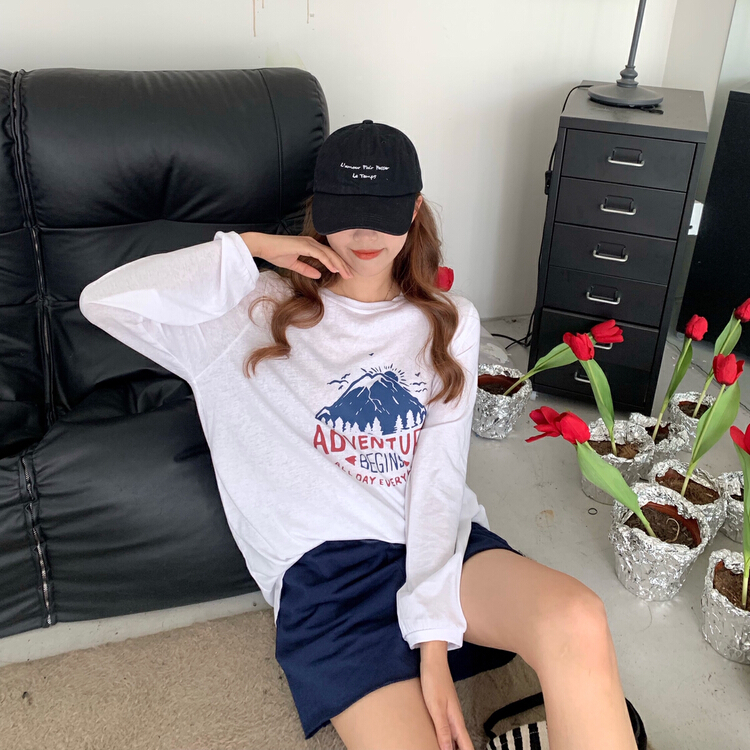 [ycnana] Korean alphabet printed long sleeve T-shirt + slim casual Shorts Set 98115\lsw